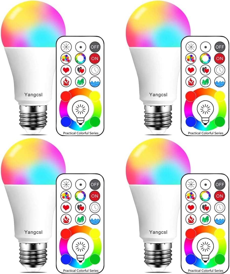 Yangcsl 120 Colors E26 Dimmable Color Changing LED Light Bulbs with Remote Control, Memory & sync, Daylight White & RGB Multi Color, 60 Watt Equivalent (4 Pack)