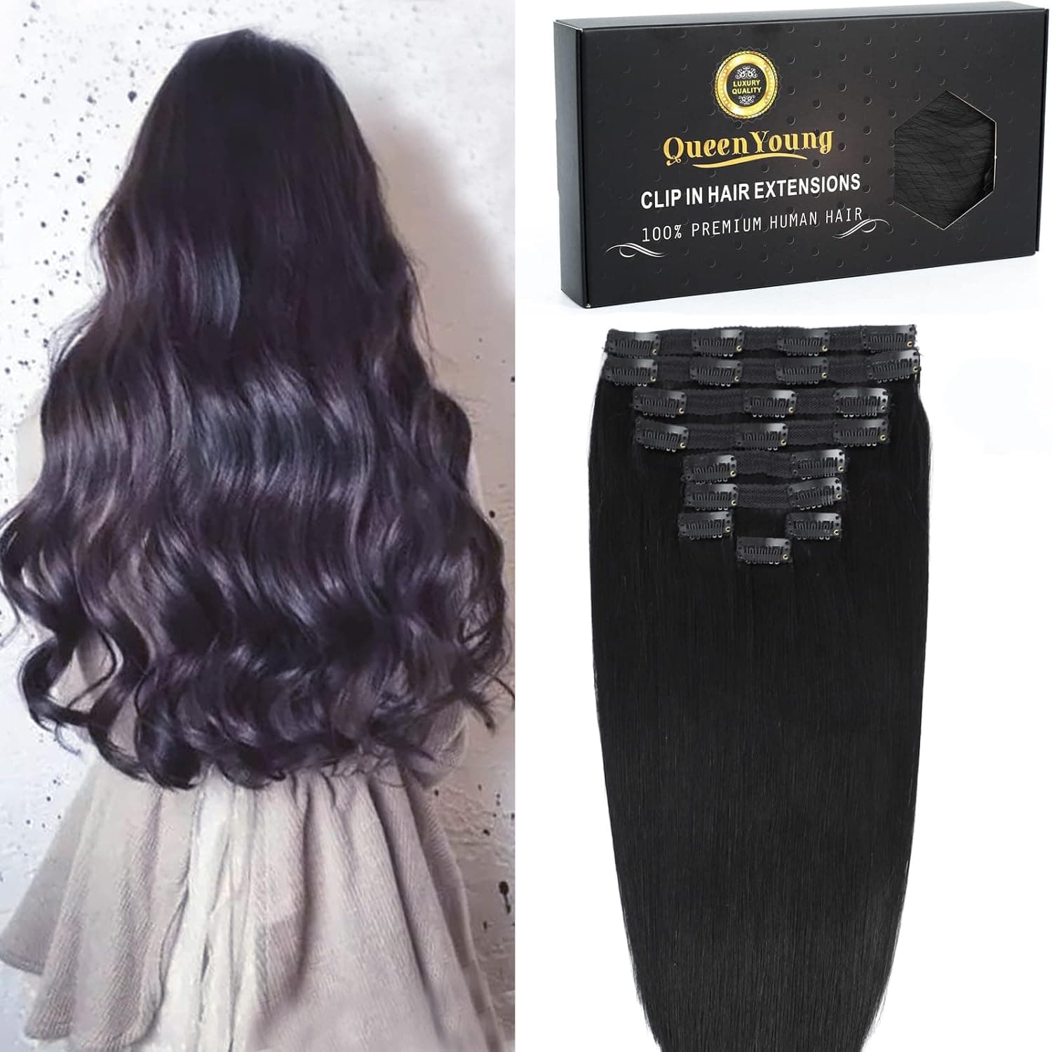 QueenYoung Clip in Hair Extensions Real Human Hair 9pcs 130g Jet Black Hair Extensions Straight Natural Soft Thick Remy Extensions Straight Clip in hair extensions human hair 18inch Jet Black Color
