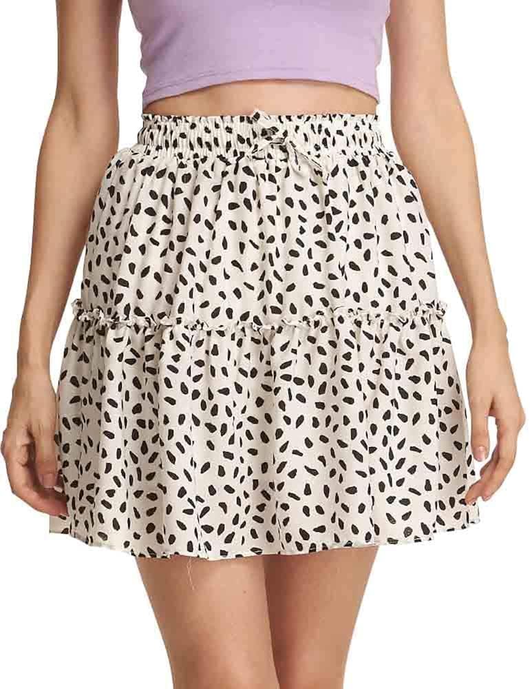 CUNLIN High Waist Short Skirt for Women Drawstring Leopard Print A-Line Pleated Mini Skate Skirts