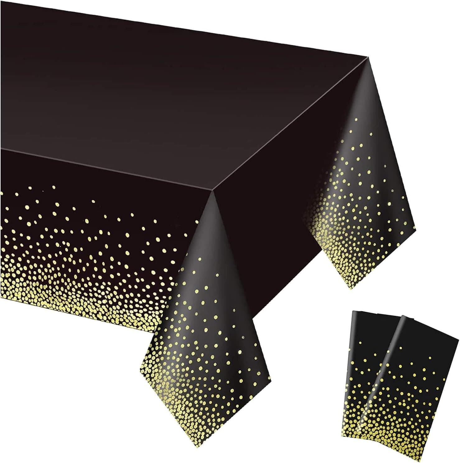 FuninCrea 2 Pack Gold Dot Tablecloths Table Covers Party Tablecloths 54 x 108 Inches Dot Confetti Table Cloths for Indoor or Outdoor Birthday Party/Weddings (Black)