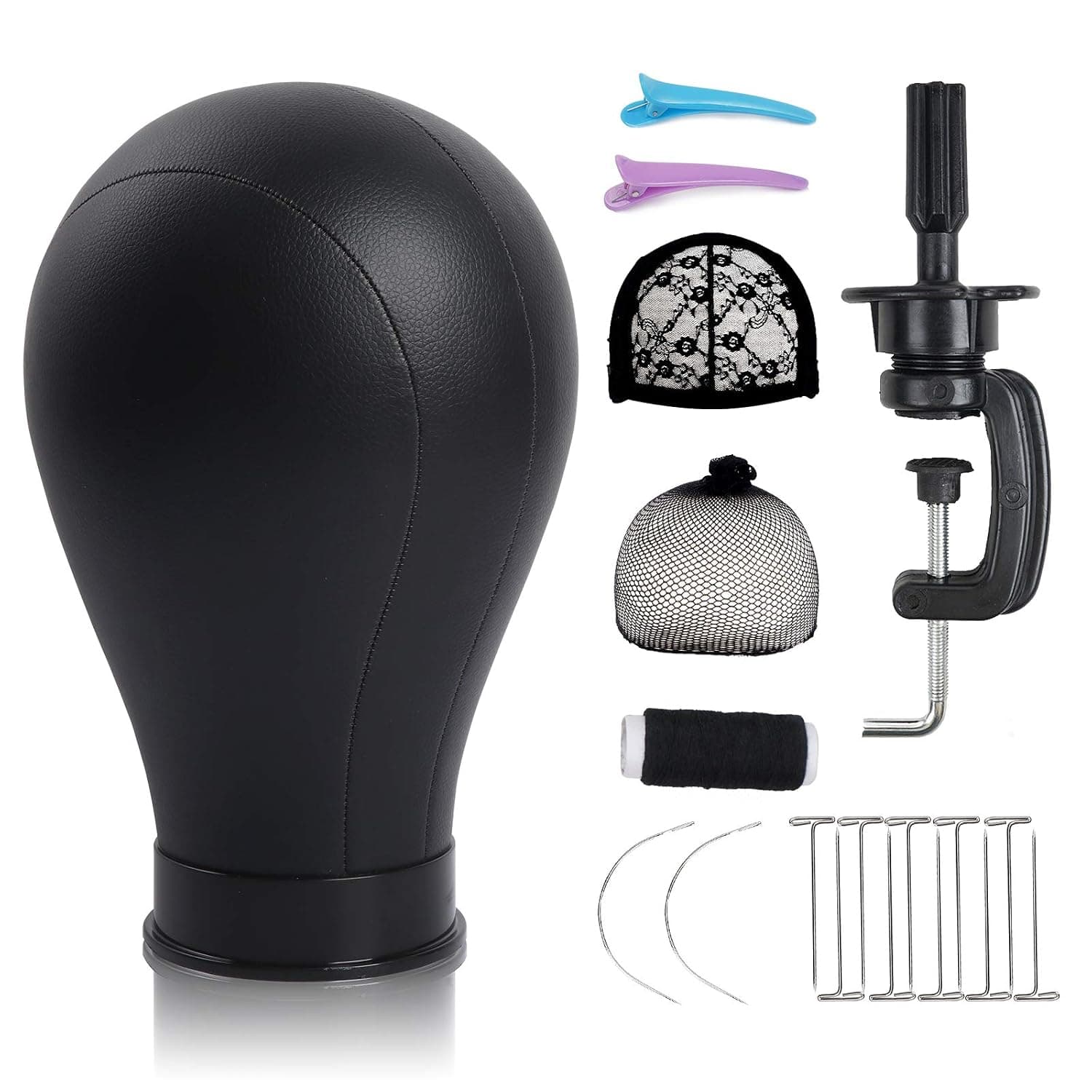 Bileaf 22 Inch Leather Wig Canvas Block Mannequin Head with Stand for Wigs Making Display Styling Canvas Head with Table C Stand Clamp Holder(Black Leather)