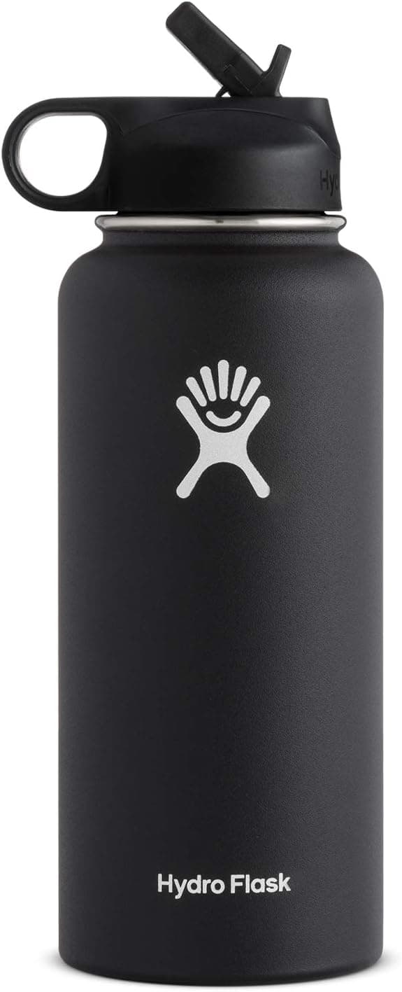 Hydro Flask Vacuum Insulated Stainless Steel Water Bottle Wide Mouth with Straw Lid (Black, 32-Ounce)