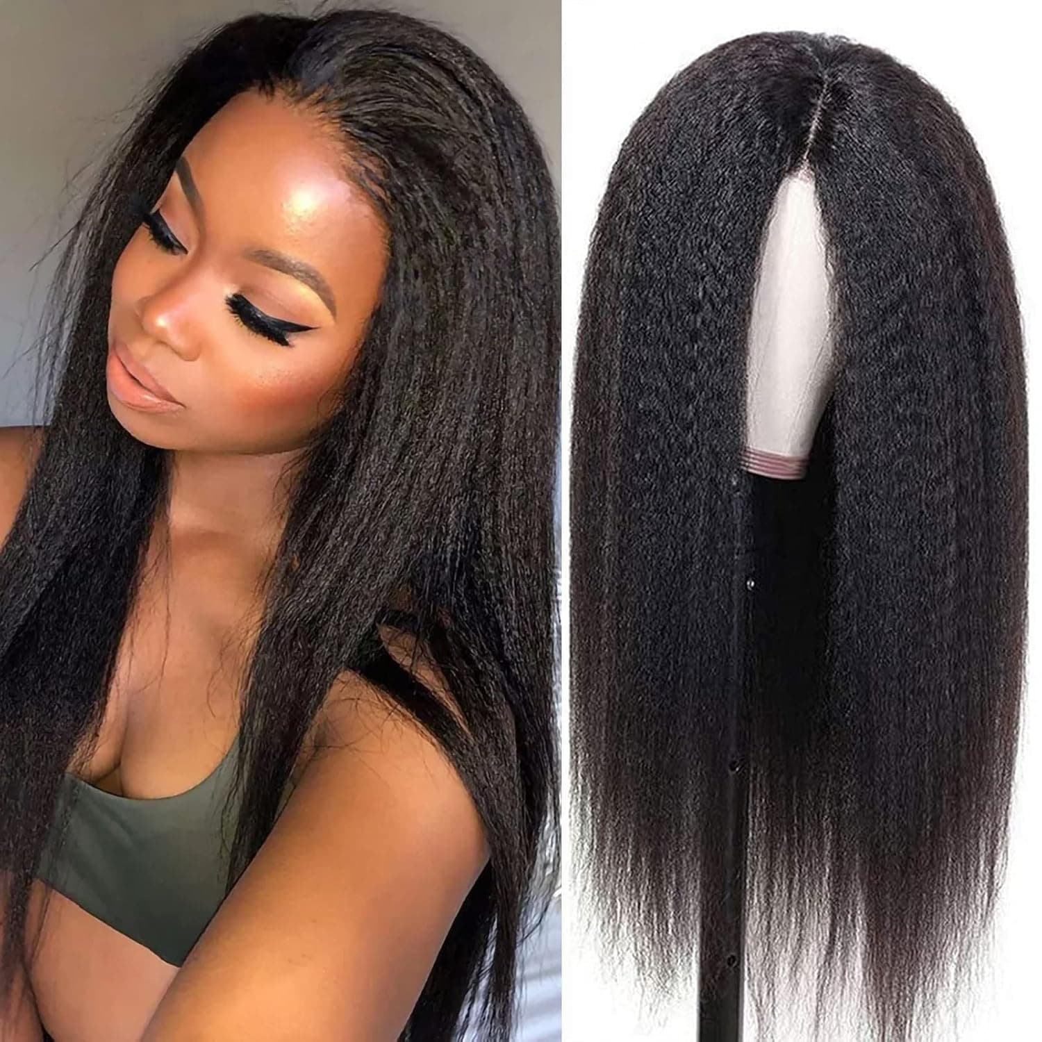 13x6 Kinky Straight Human Hair Wig for Black Women 180% Density HD Transparent Lace Front Wigs Human Hair Pre Plucked with Baby Hair Natural Hairline Yaki Straight Brazilian Virgin Human Hair Wigs 16inch