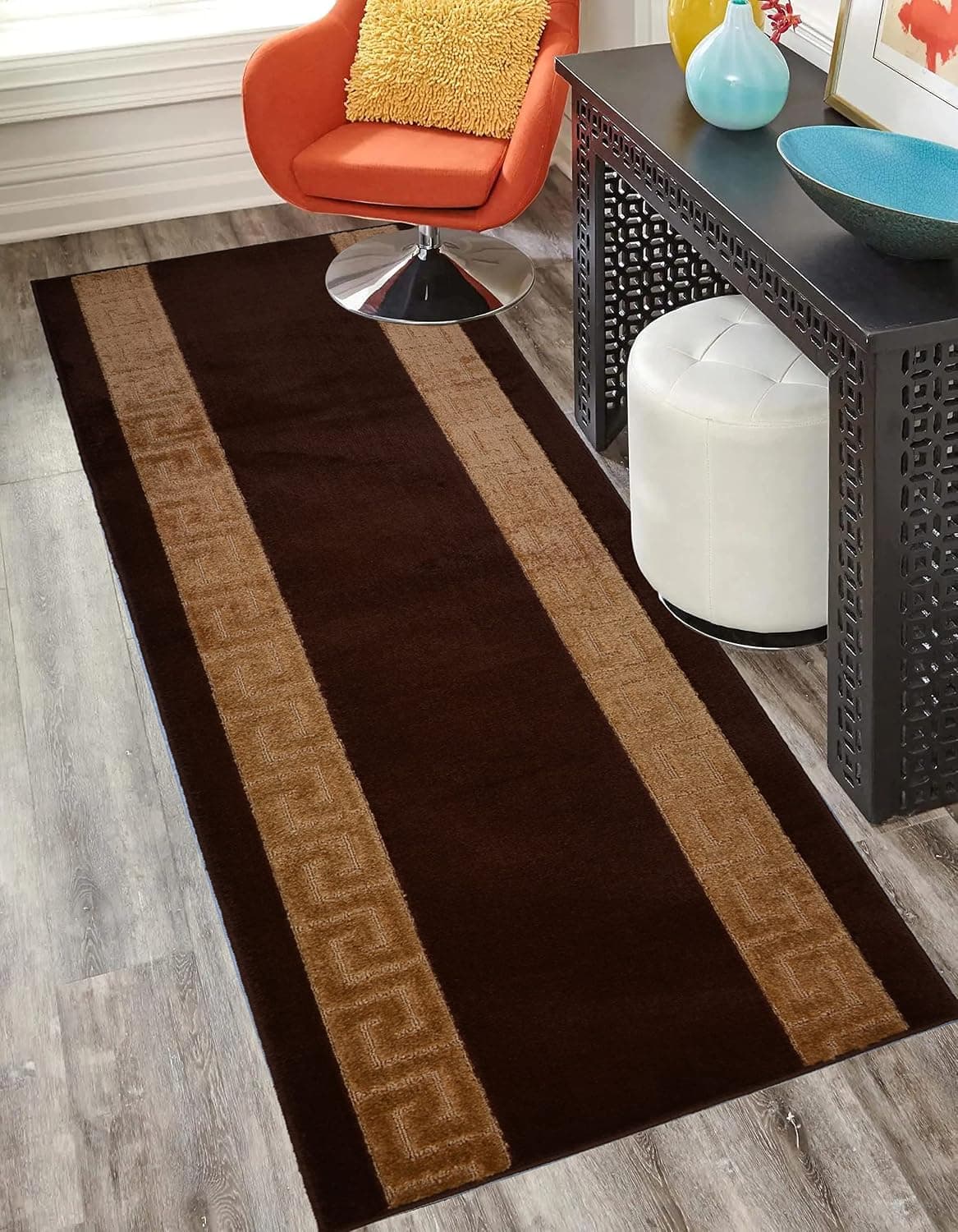 Washable Custom Size Runner Rug Meander Design Brown Beige, (2 Feet Length x 26 Inch Width) Custom Cut Slip Resistant Rubber Backing Runner Rugs, Extra Long Runner Rugs for Hallways