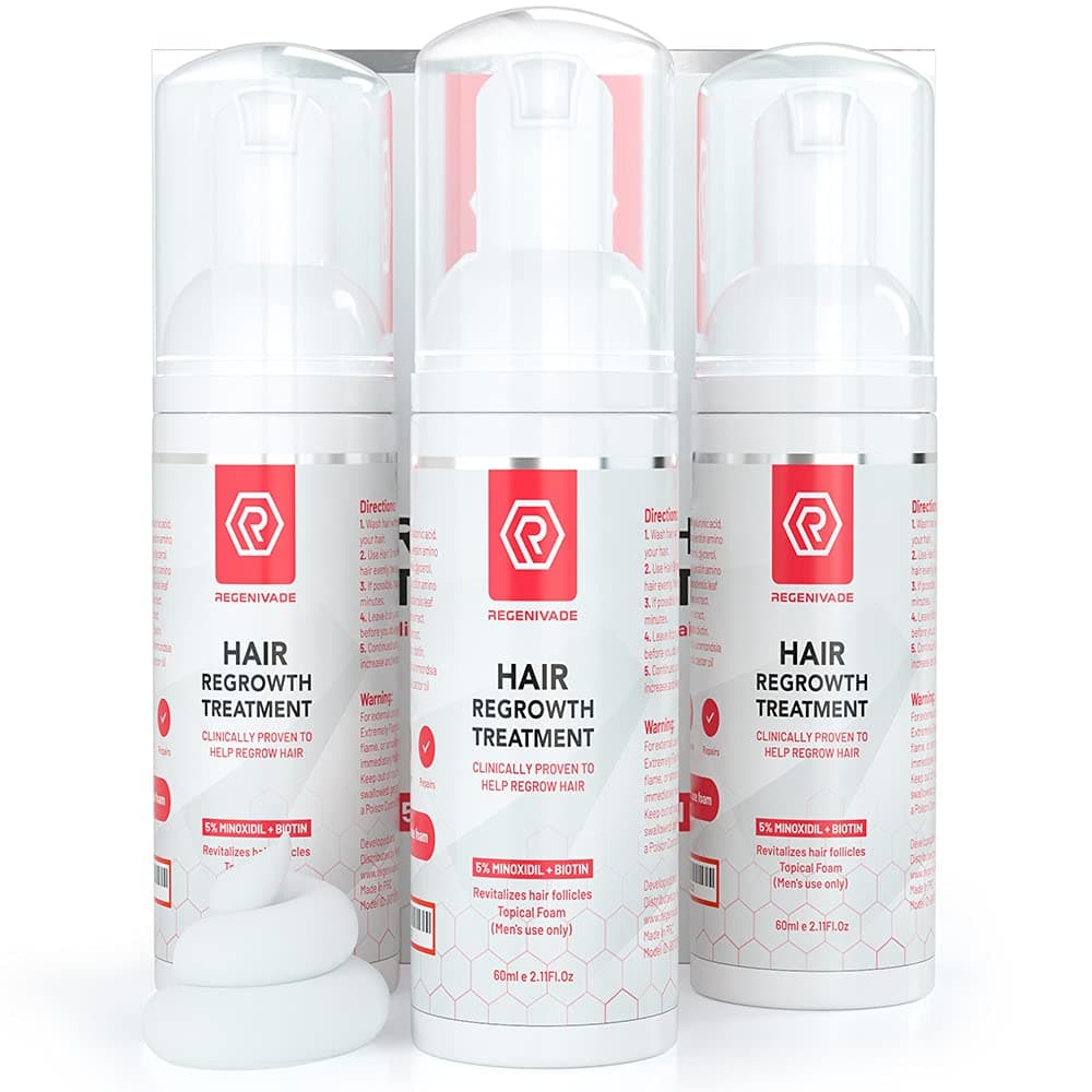 Minoxidil 5% Topical Foam for Men and Women (3 Month Supply) - Regenivade 4x Action Hair Regrowth Treatment with Biotin, Extracts, DHT Blockers & Vitamins - Unscented Natural Follicle Growth Mix - Extra Strength