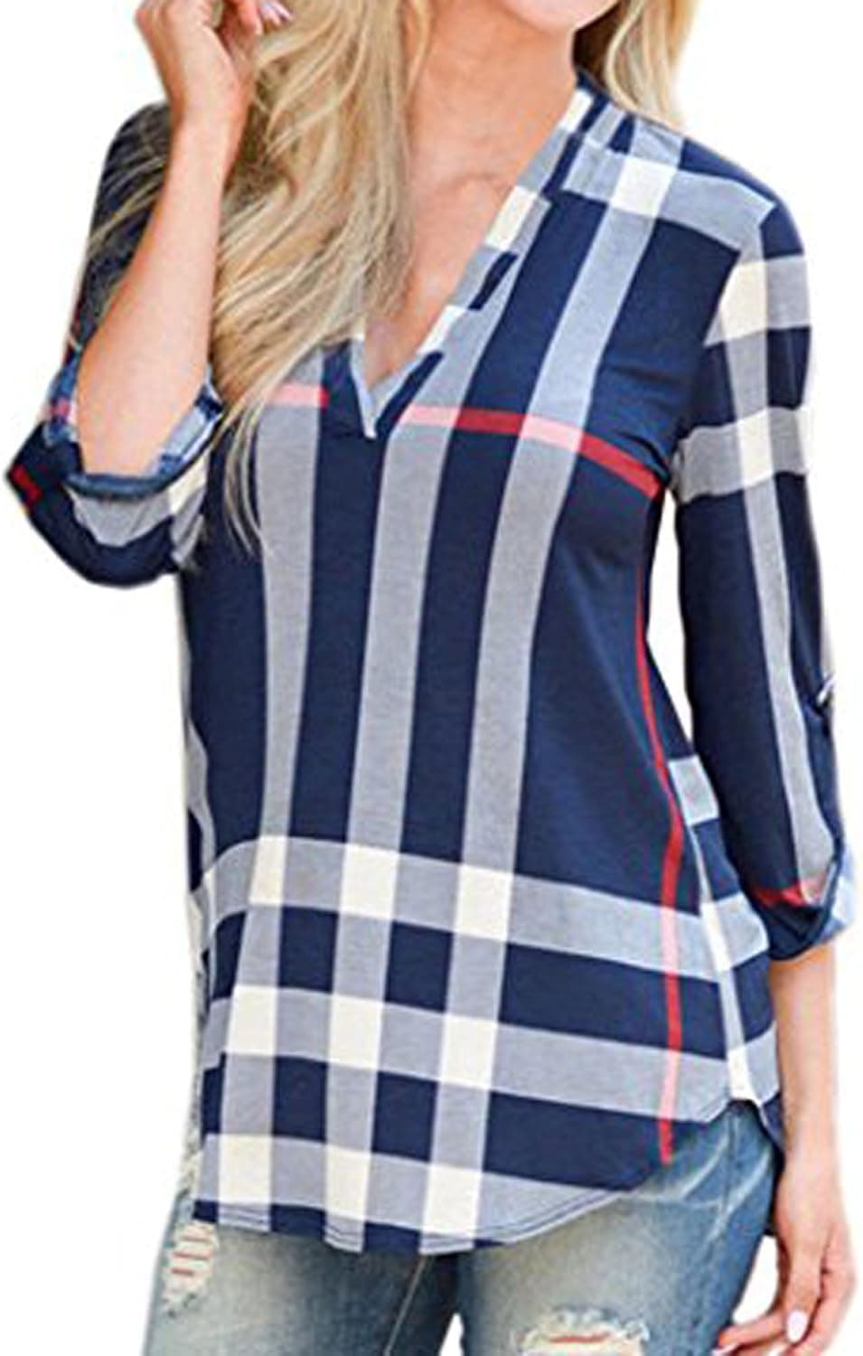 Elevesee Women's Casual 2/3 Sleeve V-Neck Plaid Shirts Pullover Top
