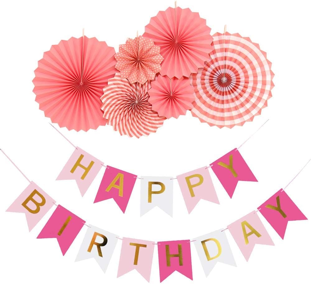 AOCOAKW Pink Birthday Party Decorations for Girls Golden Sparkle Happy Birthday Banner with 6pcs Hanging Paper Fans Party Supplies Backdrop