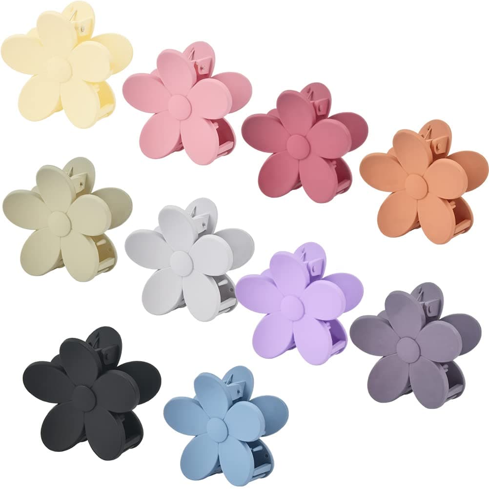 BUYGOO Flower Claw Clips, 10Pack Matte Flower Hair Clips for Women, Big Cute Claw Clips, Nonslip Cute Hair Catch Barrettes, Jaw Clamps 10 Colors for Medium Thick Hair Women Girls