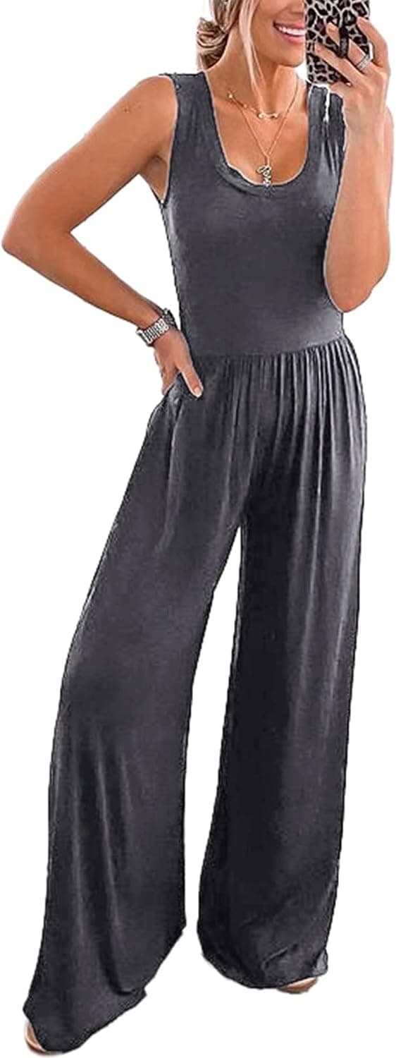 PRETTYGARDEN Women’s Summer Sleeveless Tank Jumpsuits High Waist Low Cut Casual Scoop Neck Fit And Flare Long Pants Rompers