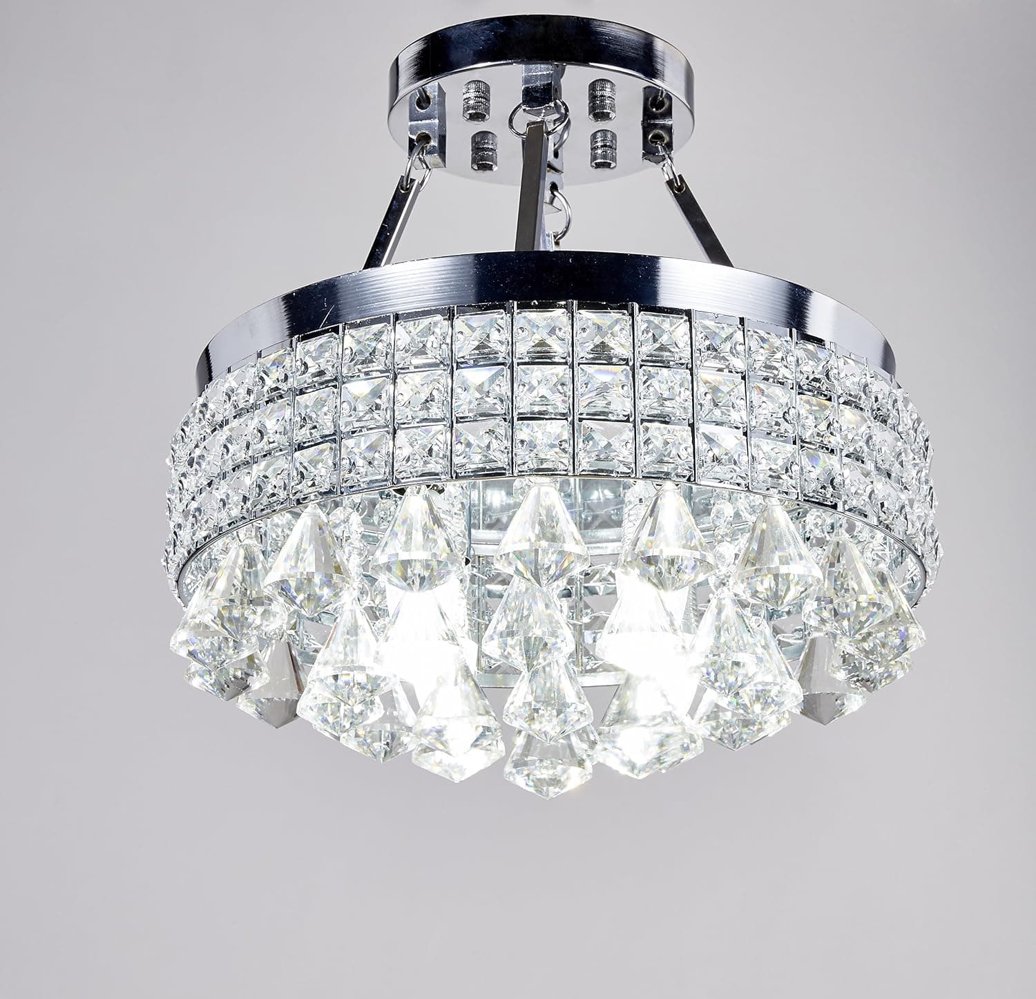 New Galaxy 4-light Chrome Finish Round Metal Shade Crystal Chandelier Semi-flush Mount Ceiling Fixture