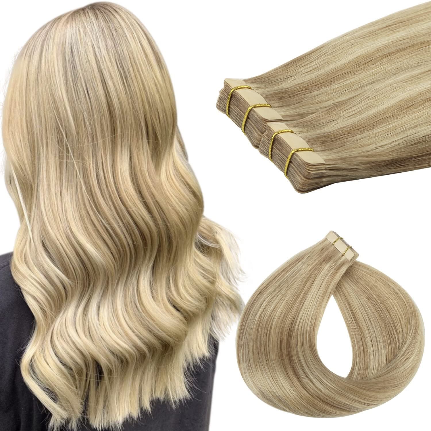 Tape in Hair Extensions Human Hair, 18 inch Light Blonde Highlighted Golden Blond Tape in Human Hair Extensions Lashey Straight Remy Hair Extensions Tape in 20pcs 50g