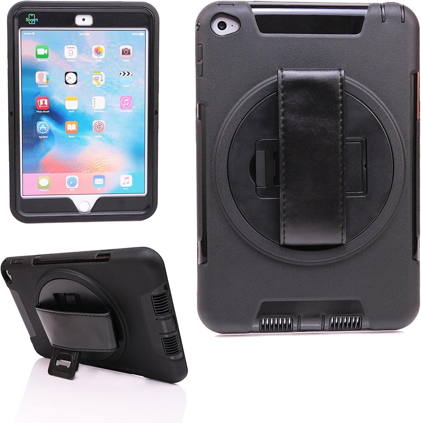 iPad Air 2 Travel Case | Extreme Heavy Duty Protection with Built-in Rotating 360 Degree Hand Strap and Kickstand. (Black)