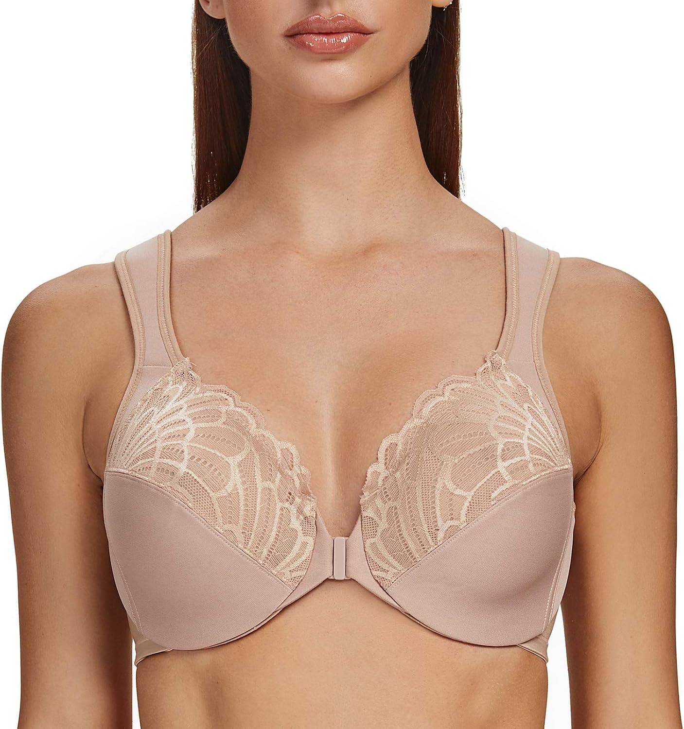 MELENECA Front Closure Bras for Women Plus Size Underwire Unlined Lace Cup Cushion Strap Beige 48C