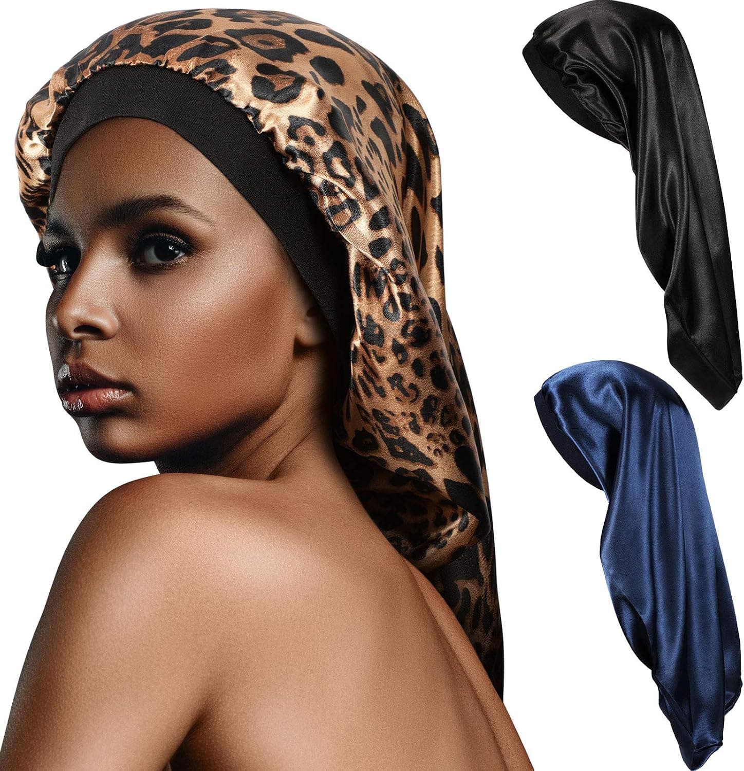 3 Pieces Satin Sleep Cap for Long Braids Hair, Silk Long Satin Bonnet Sleep Cap, Soft Elastic Band Loose Cap Bonnets for Women Dreadlocks, Braid Long Hair, Curly Hair (Dark Leopard Pattern)