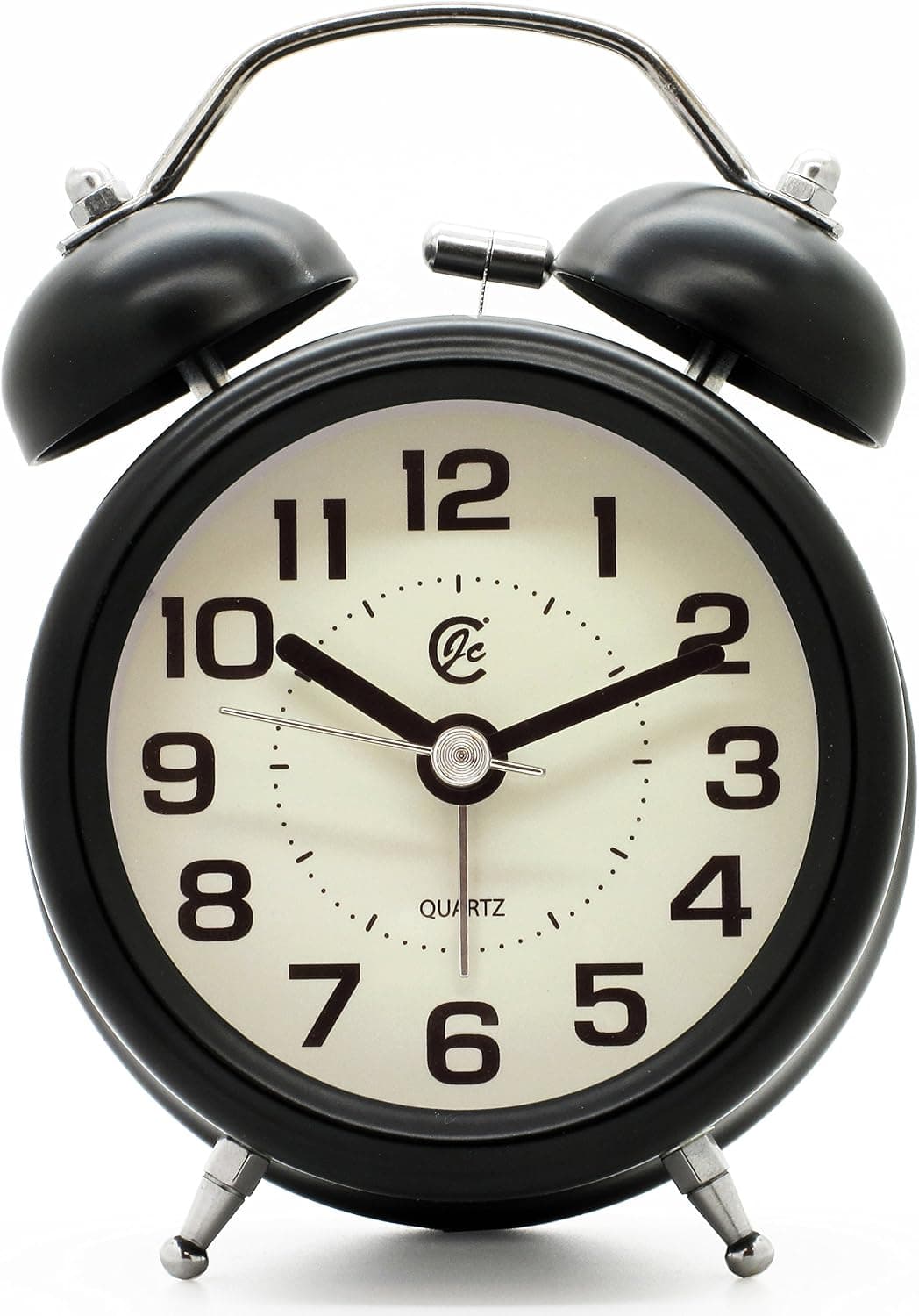 JCC 3" Retro Twin Bell Silent Non Ticking Sweep Second Hand Bedside Desk Analog Quartz Movement Alarm Clock with 5 min Snooze Repeat Alarm, Nightlight and Loud Alarm, Battery Operated (Black)