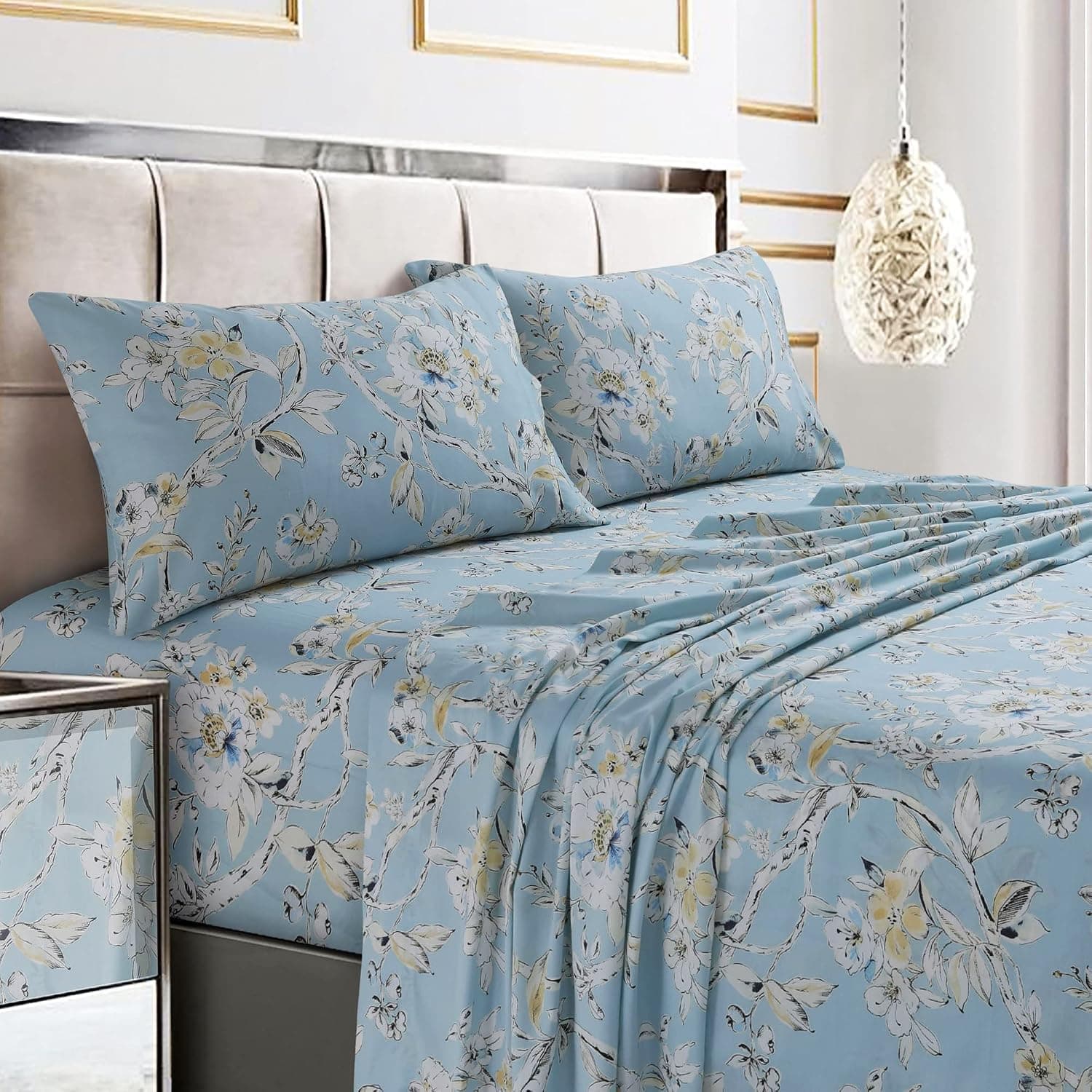 Tribeca Living Twin XL Bed Sheet Set, Soft Cotton Sateen Printed Sheets Floral Print, Extra Deep Pocket, 300 Thread Count, 3-Piece Bedding Sets, Colmar Sky Blue/Multi, (COLM4PSSTWXSK)