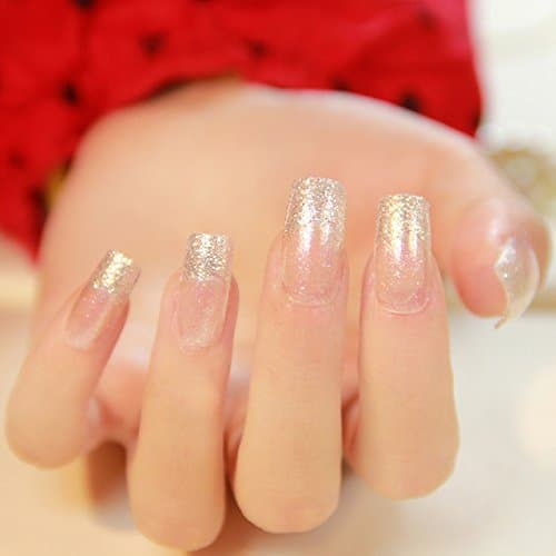 Fake Nail Tips - 24 Pieces French Silver Slitter Square False Nails Long Full Artificial Nails Art