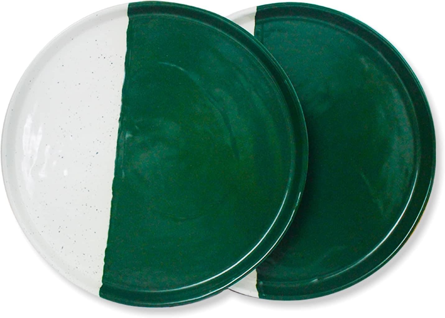 roro Ceramic Stoneware Speckled Two-Tone Dark Green Ivory White Modern Minimalist Dinner Plates with Lip Edge, Set of 2