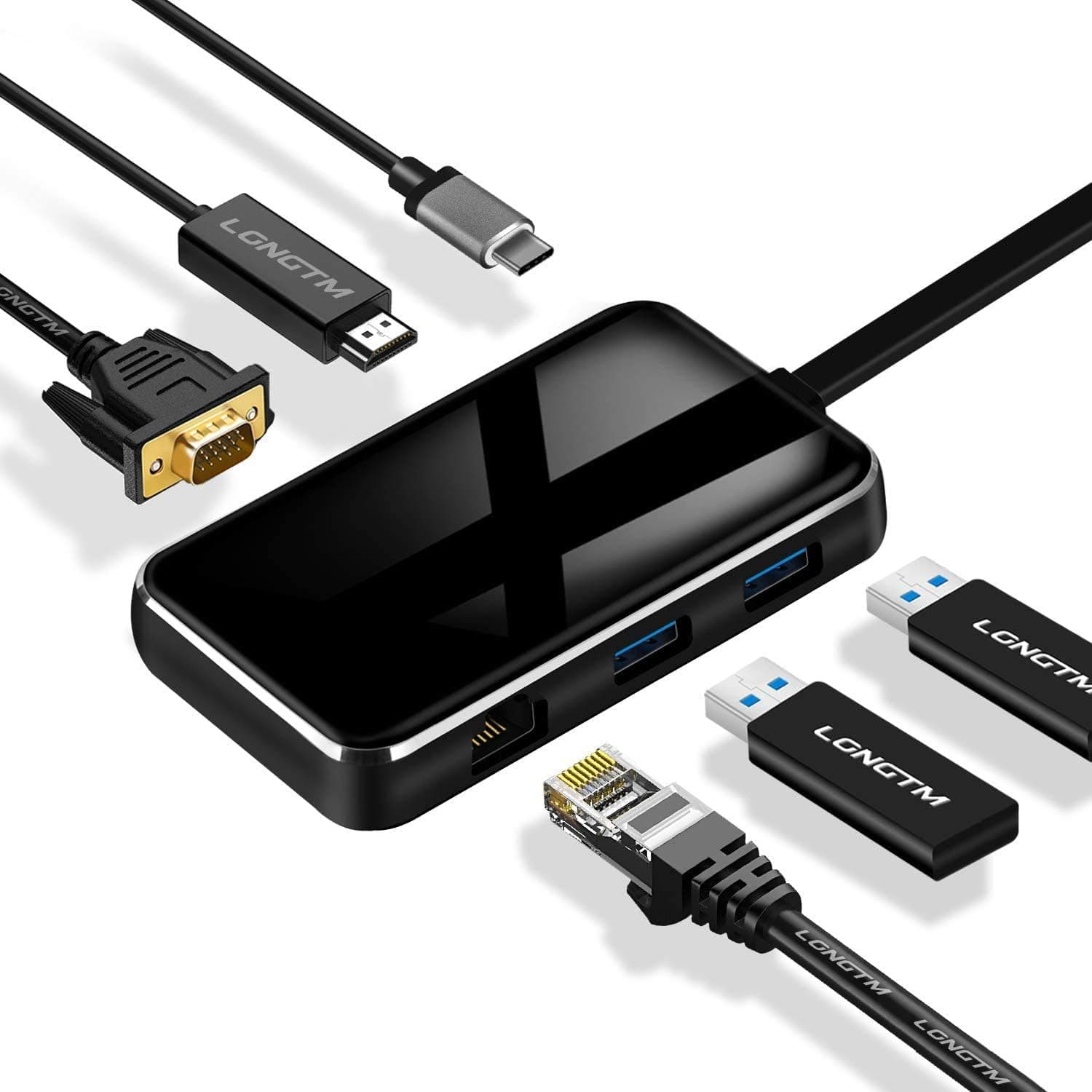 USB C Hub, 6 in 1 Multiport USB C Adapter with USB C to 4K HDMI (30Hz), VGA, 2 USB 3.0, Gigabit Ethernet, USB Type C PD Charging Port, Compatible with MacBook Pro 2019/2018/2017, MacBook Air (Black)