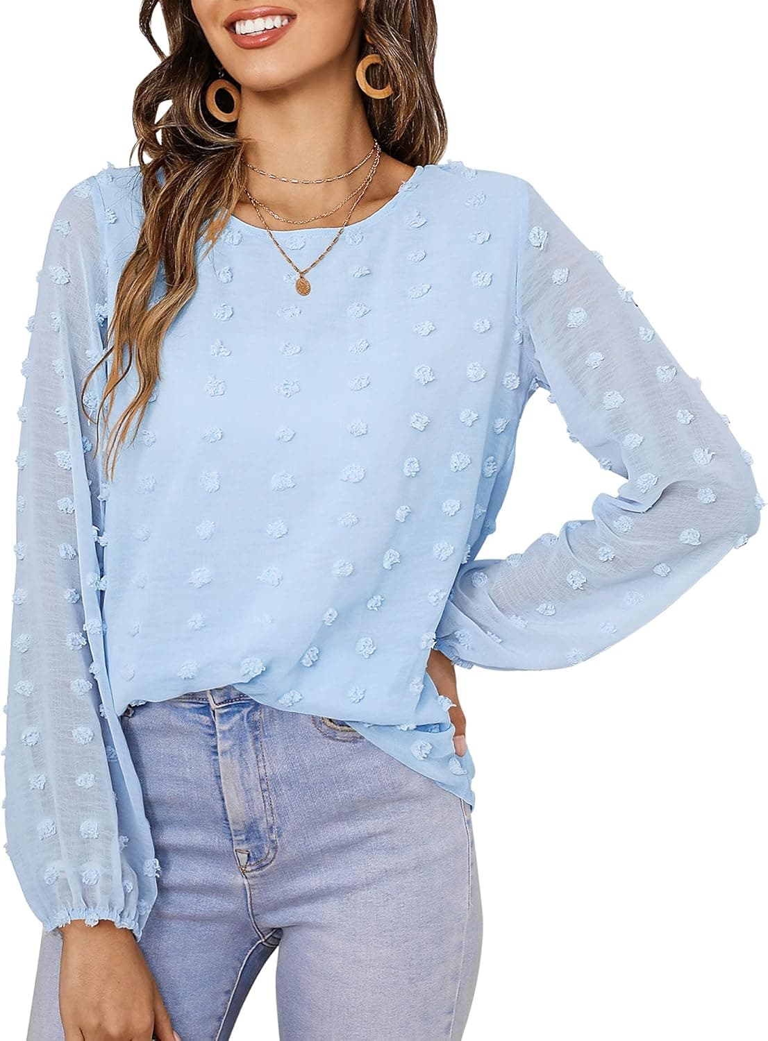 KALEEJOY Womens Round Neck Tops Dressy Casual Lantern Long Sleeve Blouse Swiss Dot Tops Pom Pom Shirts(Light Blue,S)