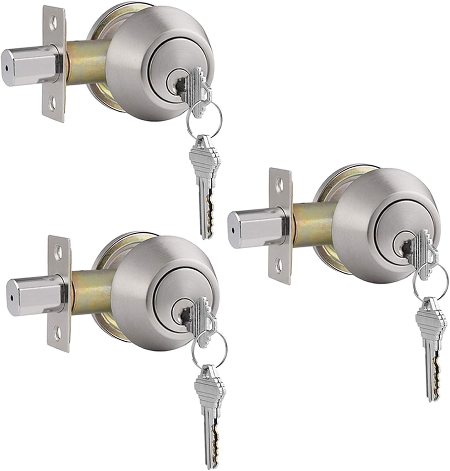 Gobrico 3 Pack Keyed-Alike Brushed Nickel Double Cylinder Deadbolts Door Locks, Stainless Steel Round Deadbolt Lockset Keyed on Both Sides