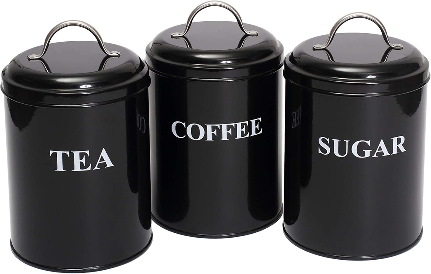 Morezi 3 Piece Round Kitchen Canister Set Tea Coffee Sugar Set Kitchen Bin Storage - Airtight Lid - Countertop Space-Saving, Carbon Steel Safty - Black