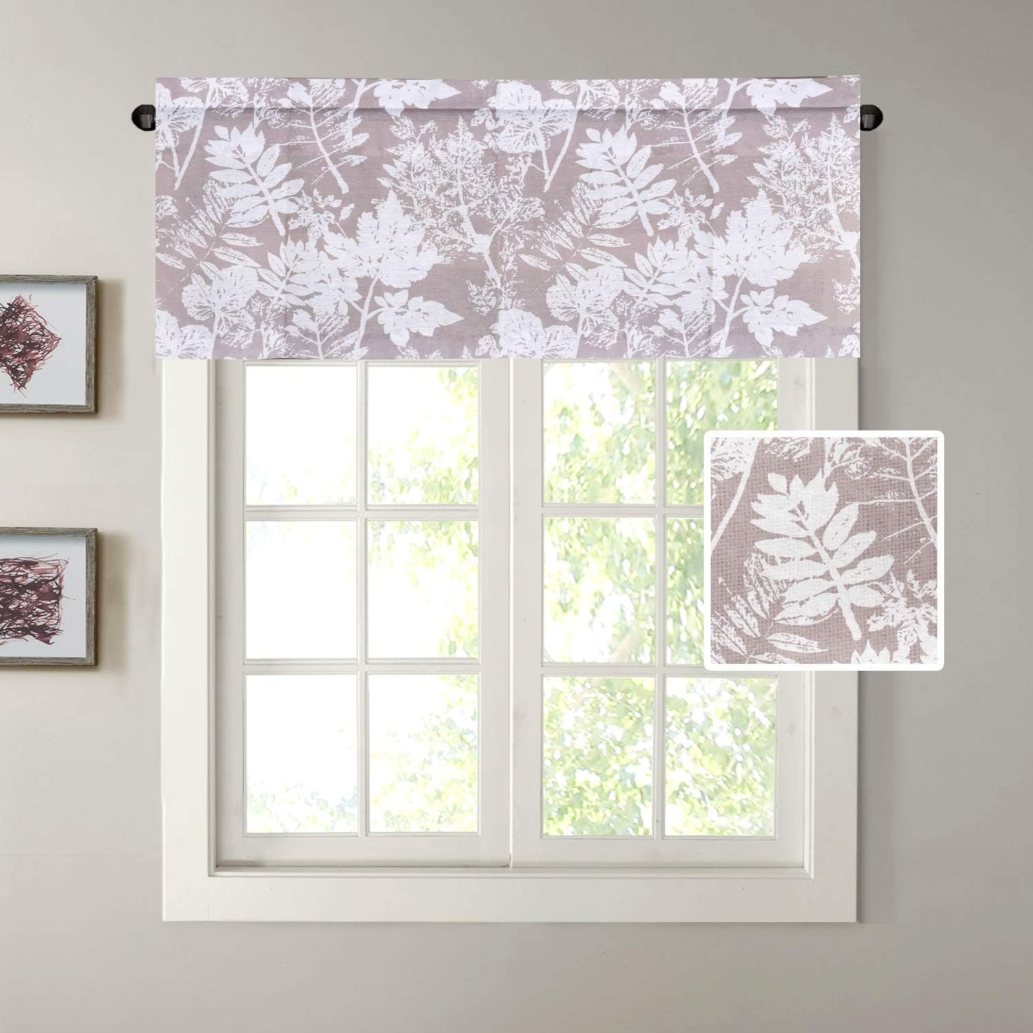 H.VERSAILTEX Natural Linen Blended Home Decor Rod Pocket Window Treatment Leaf Printed Rich Linen Valances for Kitchen, Bath, Bedroom, Living Room (52" W x18 L, Taupe Leaf and Flower, Set of 1)