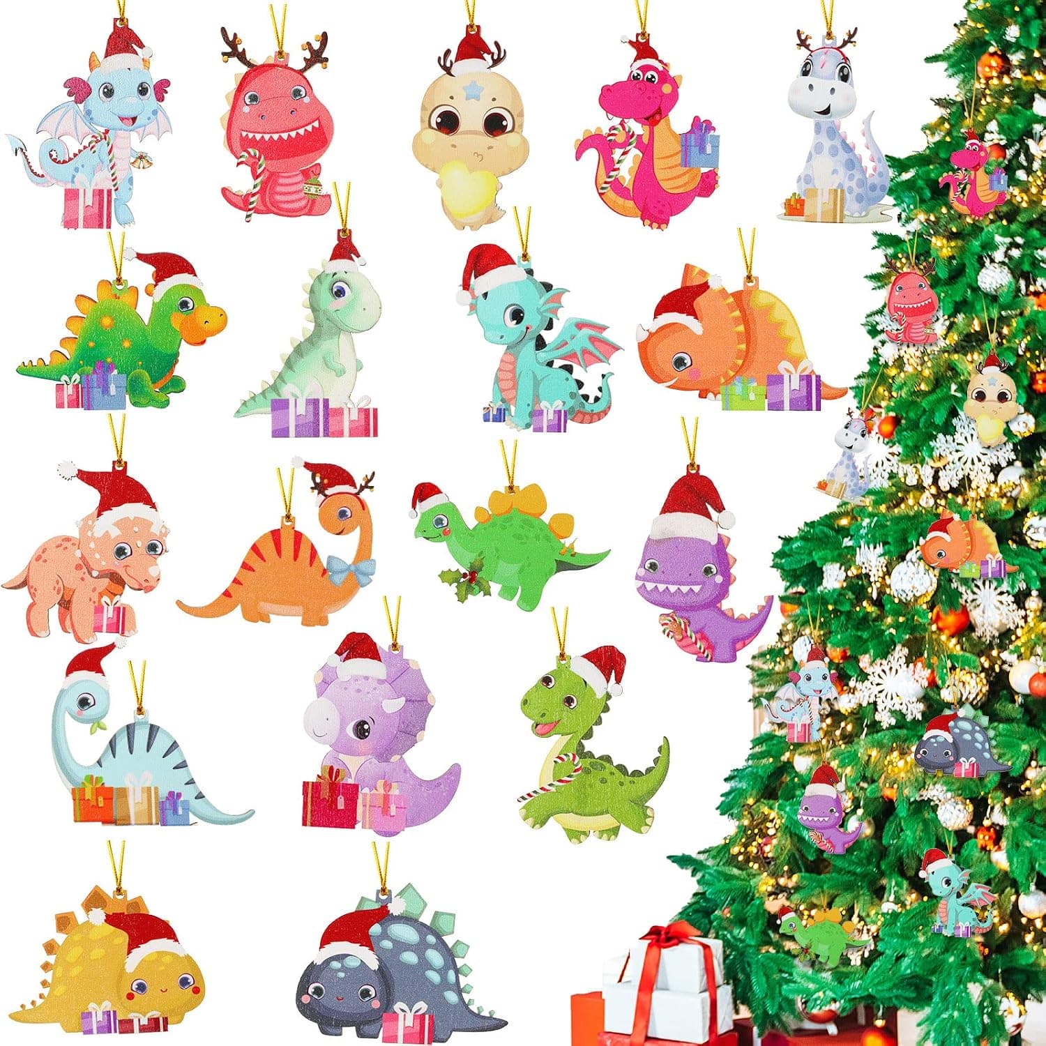 36 Pieces Dinosaur Christmas Tree Ornaments Cute Christmas Holiday Wooden Ornaments Hanging Funny Christmas Dinosaur Ornaments Christmas Tree Decor for Christmas Party Classroom Decor (Dinosaur)