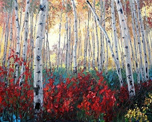 100% Genuine Real Hand Painted Birch Tree and Lavender Fields Canvas Oil Painting for Home Wall Art Decoration, Not a Print/ Giclee/ Poster