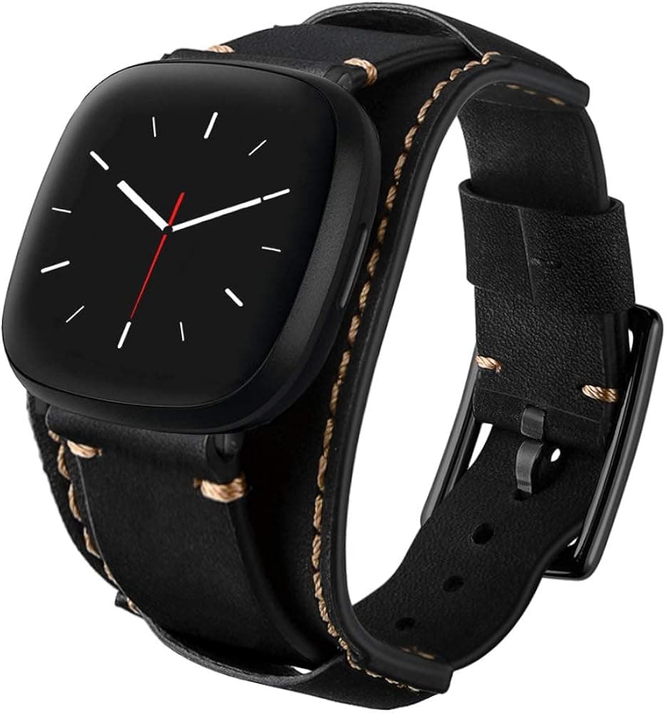 Hepsun Compatible with Fitbit Sense/Versa 3 Bands Genuine Leather Cuff Band Replacement Strap with Stainless Steel Clasp Compatible for Fitbit Versa 3 Sense Accessories Men Women