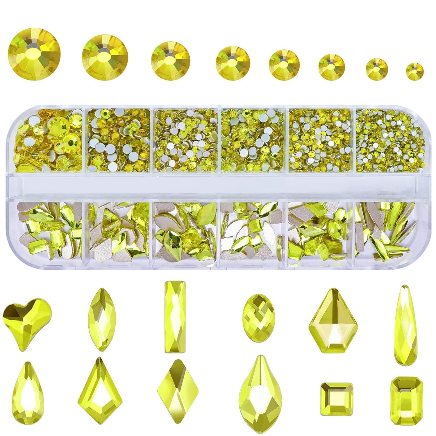 Dowarm 3200 Pieces Multi Shapes Glass Flatback Crystal Rhinestones for Nail Art Craft, Flatback Rhinestone 3D Decorations Flat Back Crystal Stones Gems Set (Citrine/Lemon Yellow)