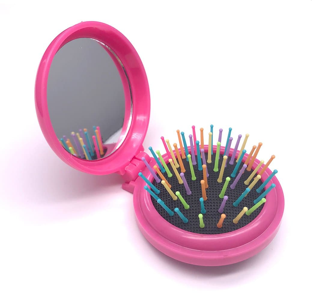 Children Creative Rainbow Mini Airbag Folding Makeup Mirror Comb Travel/Round Massage/Pocket Mirror Comb Hair Brush and Mirror Set for Girls(Rose Red）