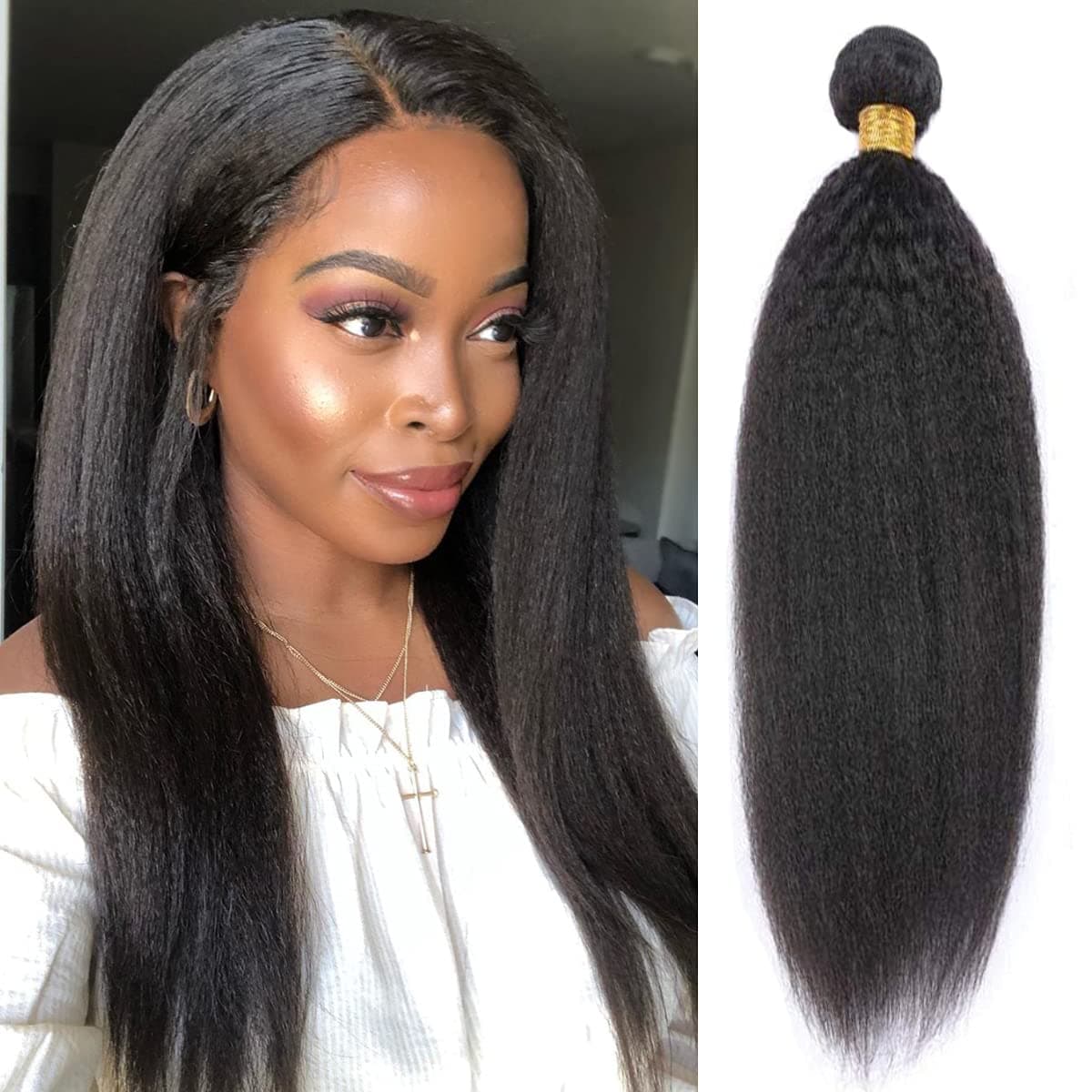 Msgem Yaki Straight Bundles Human Hair 1 Bundle 22 inches 9A Brazilian Kinky Straight Human Hair Weave Extensions For Black Women Natural Black Color