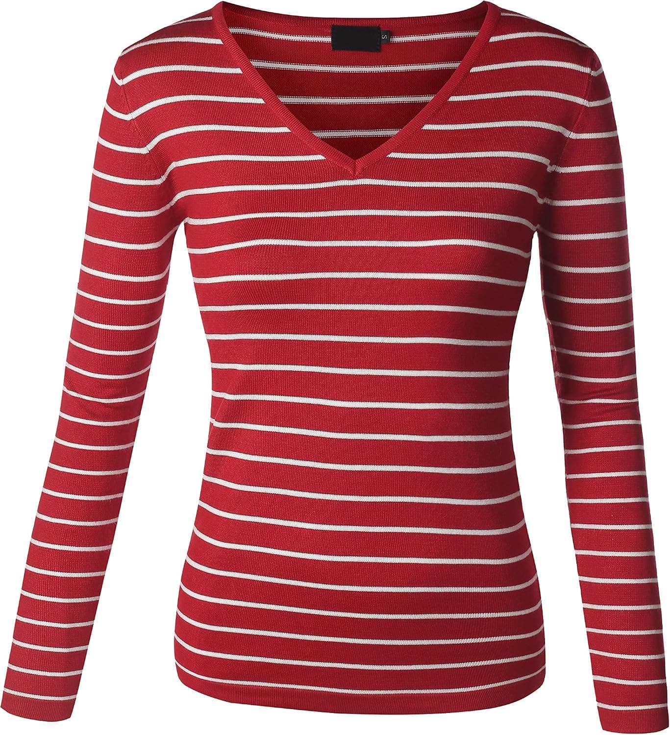 BIADANI Women V-Neck Stripe Pullover Sweater Red Medium