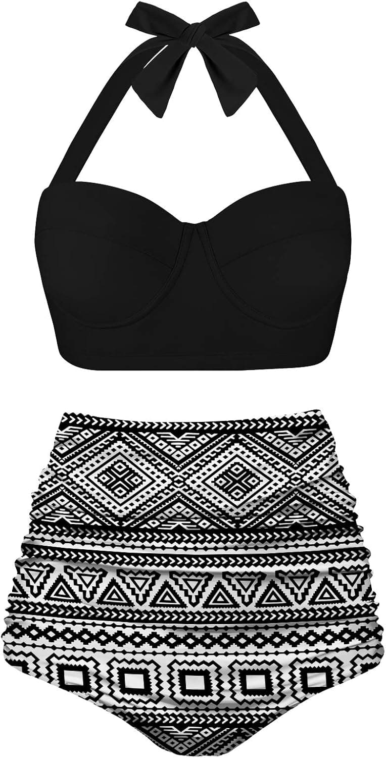 Aixy Women Vintage Two Piece Swimsuits High Waisted Bathing Suits with Underwired Top Bikini Set