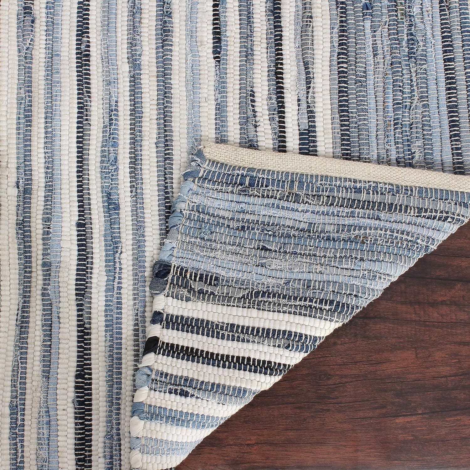 RAJRANG BRINGING RAJASTHAN TO YOU Reversible Area Rugs Blue Denim Chindi Rag Rug 72x48 Inches Hand Woven Boho Recycled Cotton Rug for Farmhouse Home Decor