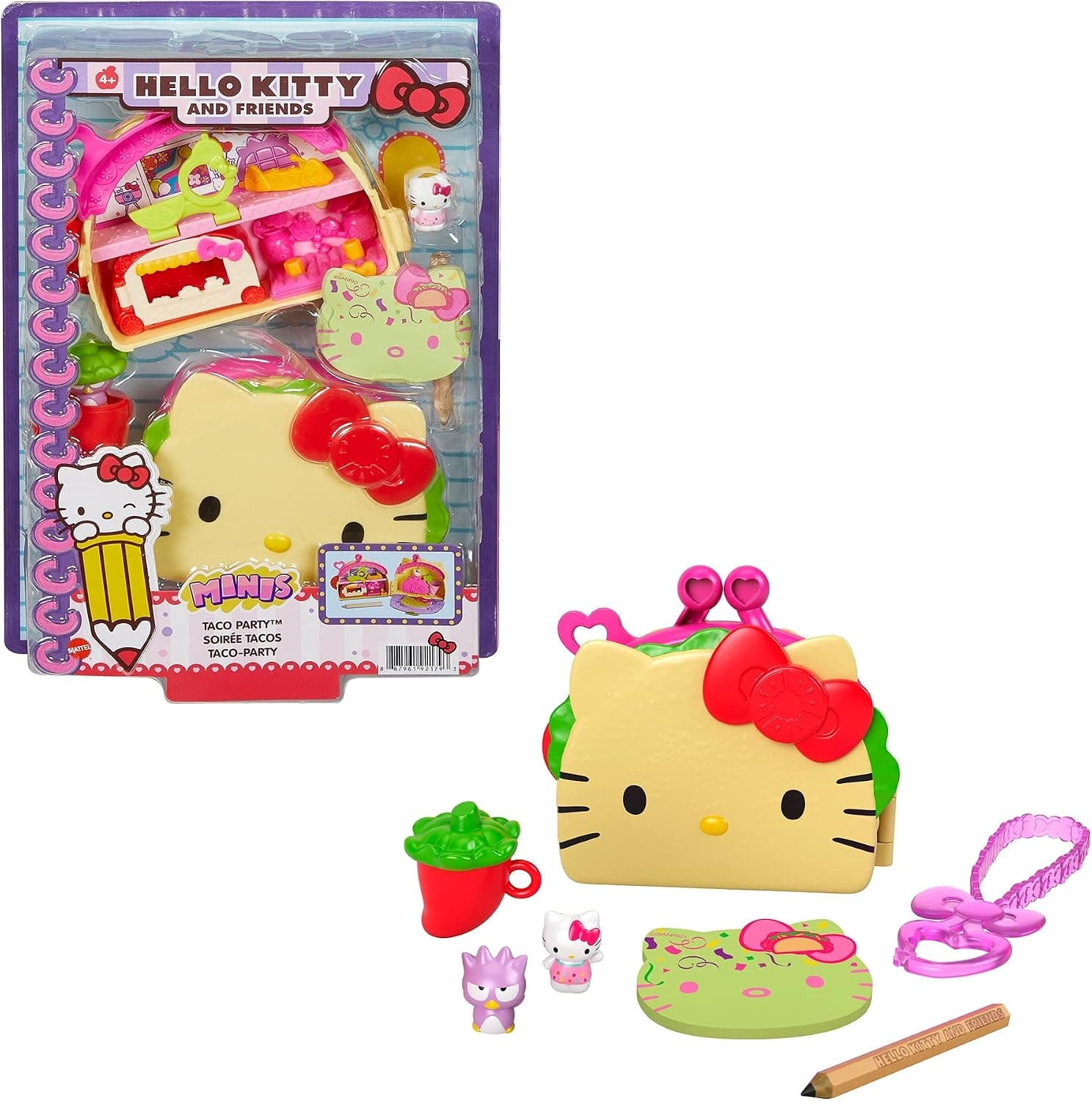 Mattel Hello Kitty Taco Party Compact Playset (4.9-in / 12.5-cm) with 2 Sanrio Minis Figures, Stationery Notepad and Accessories, Great Gift for Kids Ages 4Y+