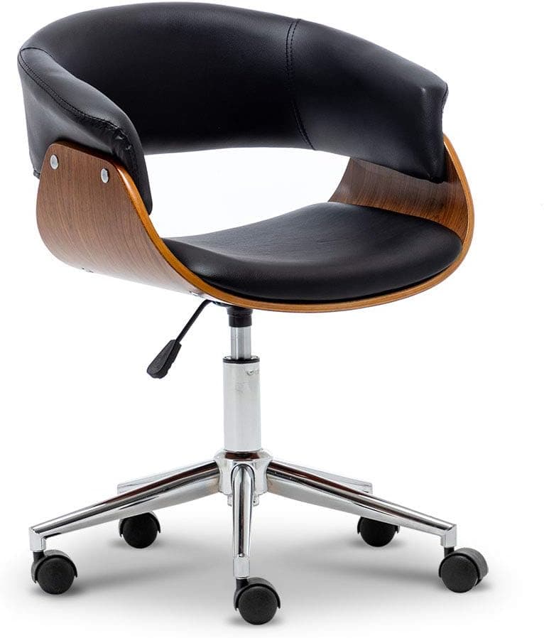 Paddie Office Chair Task Executive Computer Desk Chair Mid-Century Swivel Adjustable Modern in Black Leather and Ergonomic Wood Finish