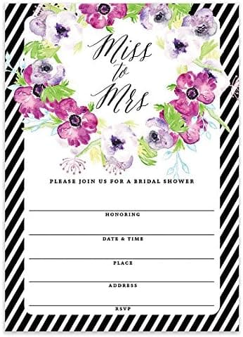 Bridal Shower Miss to Mrs Beautiful Floral Fill-in Style Invitations with Envelopes ( Pack of 25 ) Large 5x7" Colorful Flowers Border Striped Blank Invites Wedding Engagement Excellent Value VI0082B