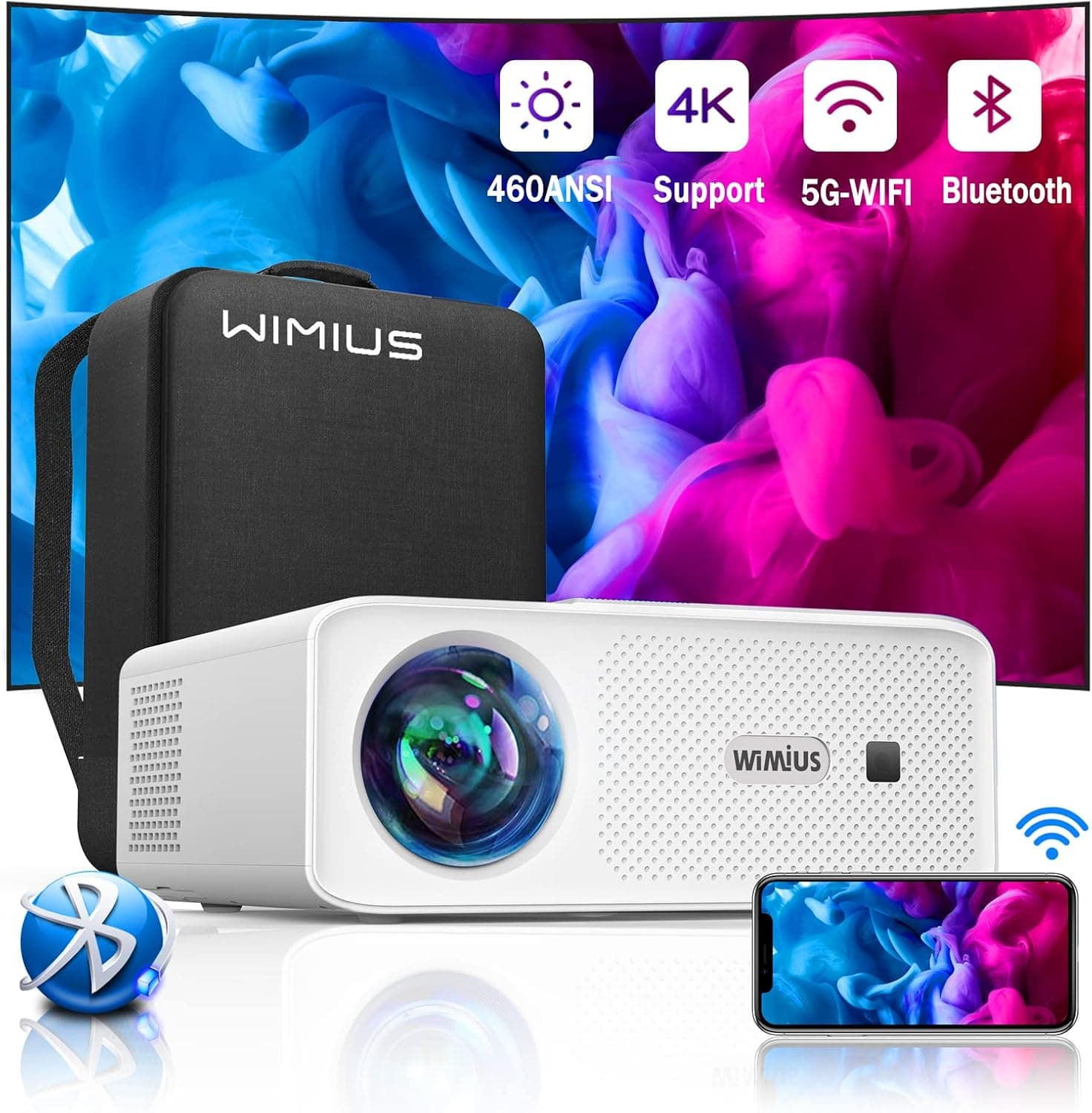 5G WiFi Bluetooth Projector, WiMiUS W7 Newest Native 1080P Projector 4K Supported,460 ANSI Lumens,Portable,4P/4D Keystone,Zoom,300"Display,Outdoor Movie Projector Compatible with TV Stick/Phone/Laptop