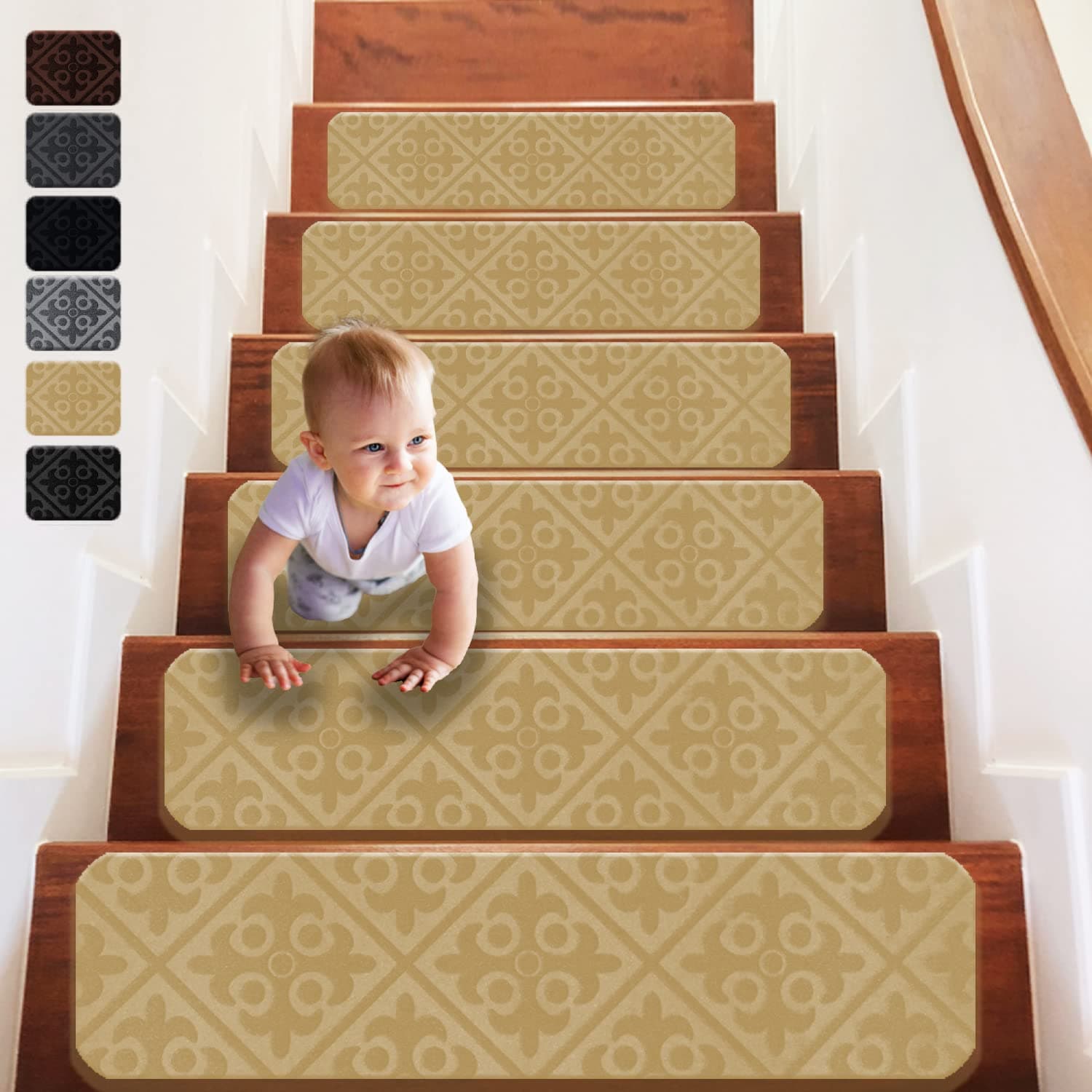 Khalidah 15 Count 8" x 30" Non-Slip Stair Treads Carpet Indoor Set, Stair Runners for Wooden Steps Rug Safety for Kids Elders and Dogs (Beige)