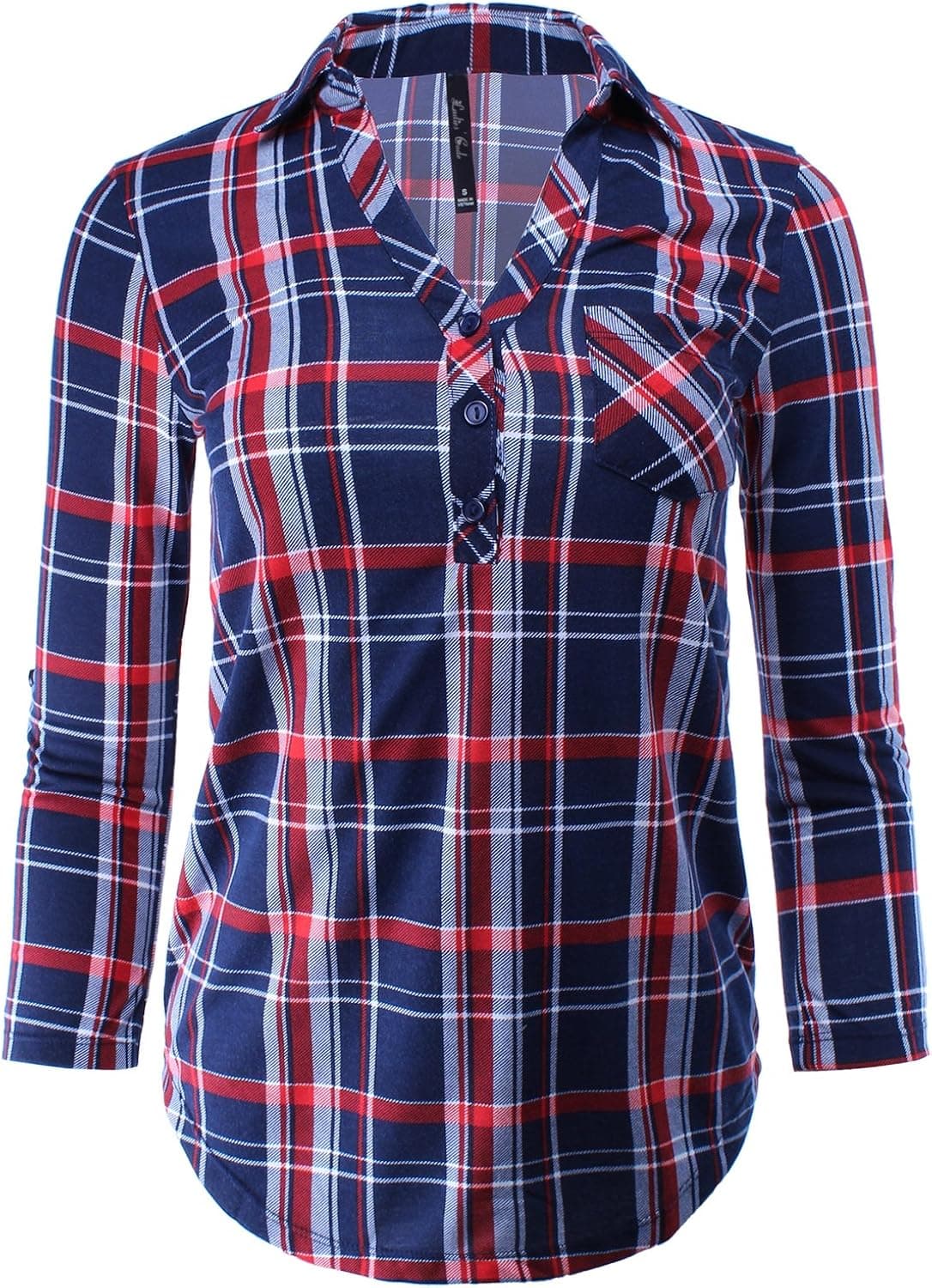 3/4 Roll Up Sleeve Henley Knit Plaid Top Navy White Red M Size