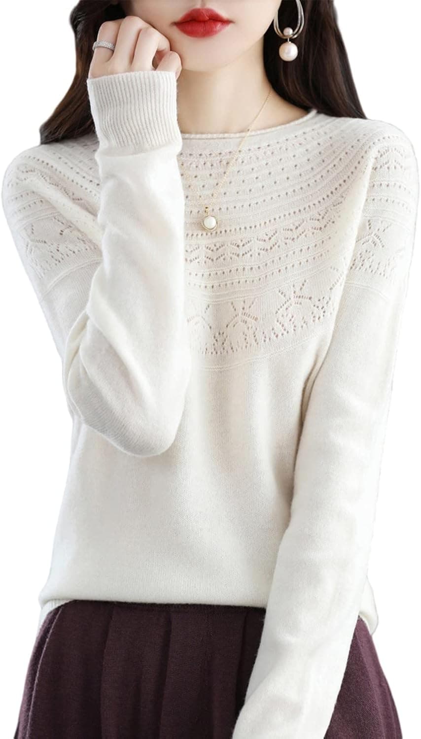 LUIZA VERA Women's 100% Merino Wool Fall Winter Warm Soft Knitted Loose Pullover Sweater Crew Neck Long Sleeves