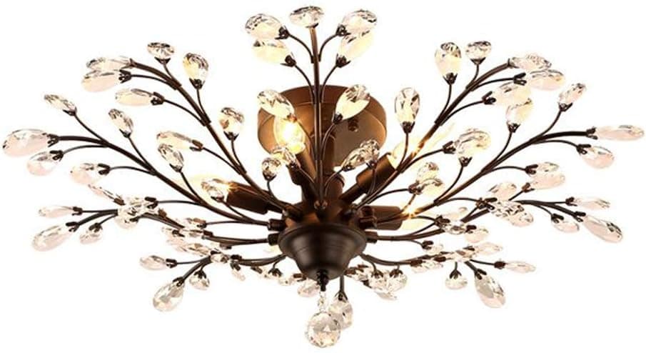 Injuicy Lighting Vintage Crystal Metal E12 Edison Branches Led Ceiling Lights Fixtures Retro Wrought Iron French Villa Ceiling Lamp Shade for Living Room Bedroom Restaurant Porch Chandelier(Black)