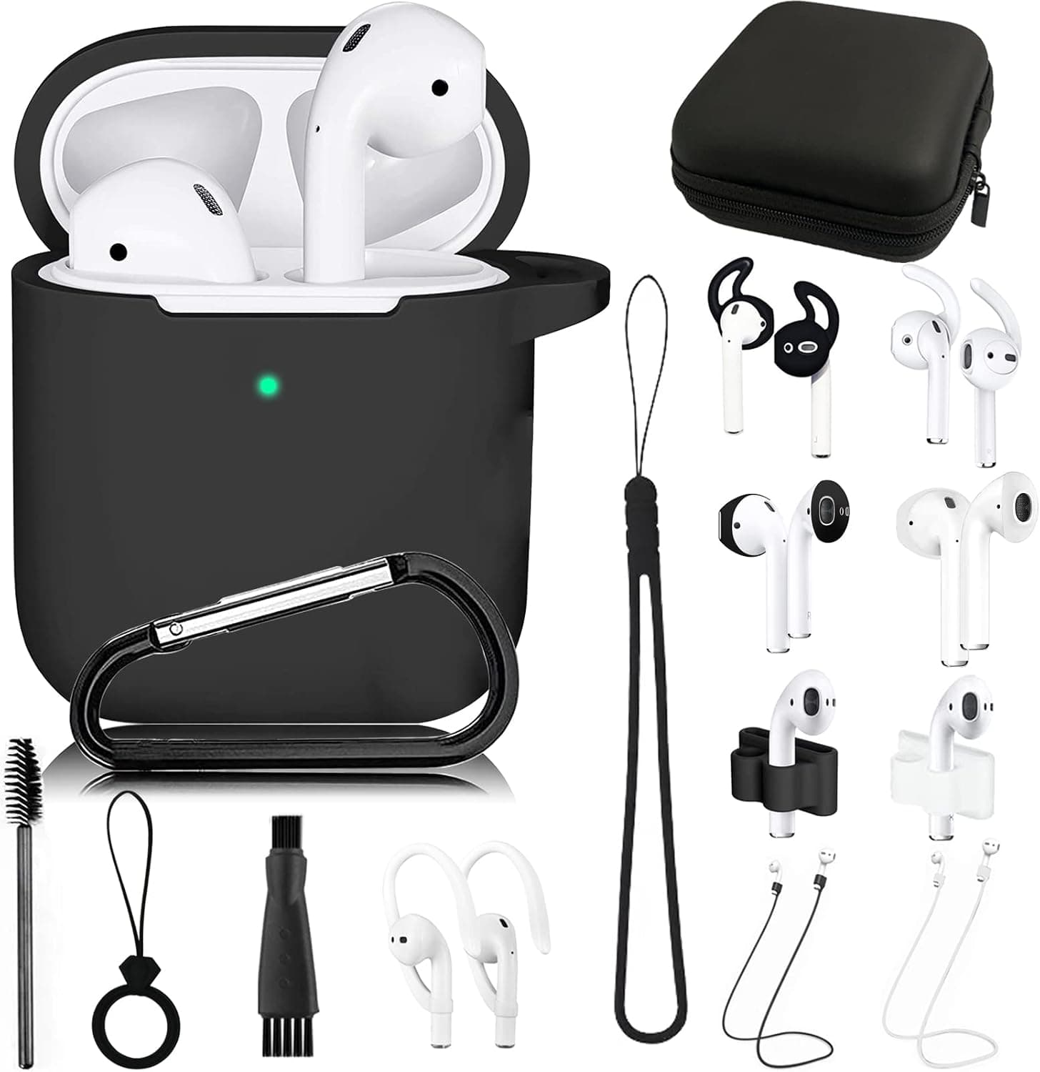 16in1 Black AirPods 2 Case Silicone AirPods 1 Accessories Set for Apple AirPods Charging Case, AirPods 2nd Generation Accessories Kit w/Keychain/Ear Tip Cover/Storage Box for Apple AirPods 2 Cover