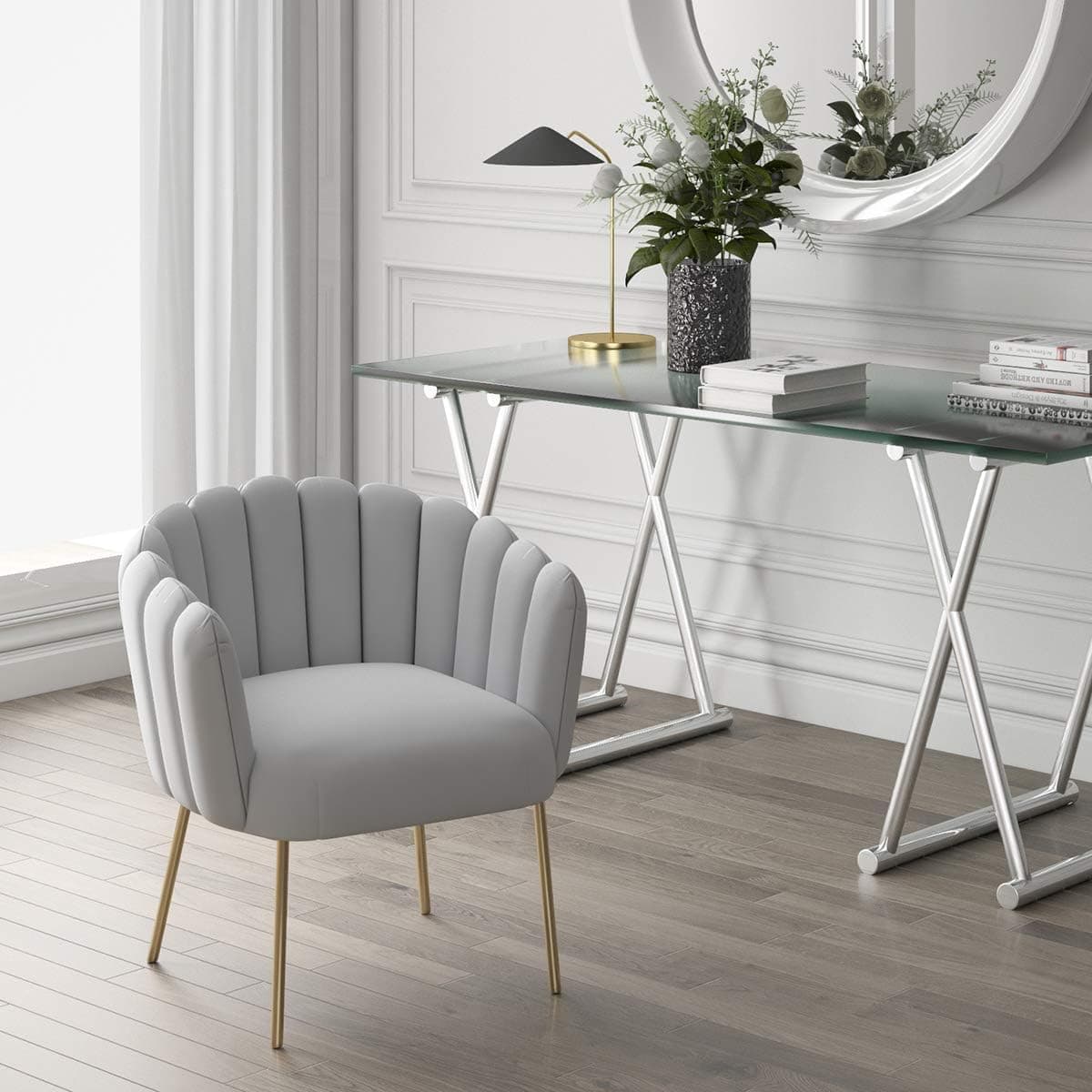 MEXIYA Doloris Modern Light Grey Easy Clean Velvet Upholstered Feather Side Chair with Brushed Gold Leg