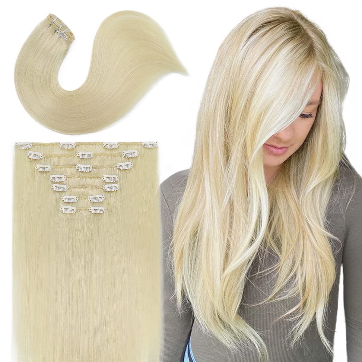 Persephone Hair Extensions Clip in Hair Extensions Real Human Hair Platinum Blonde Straight Remy Human Hair Clip in Extensions 120g 7pcs 24 Inch