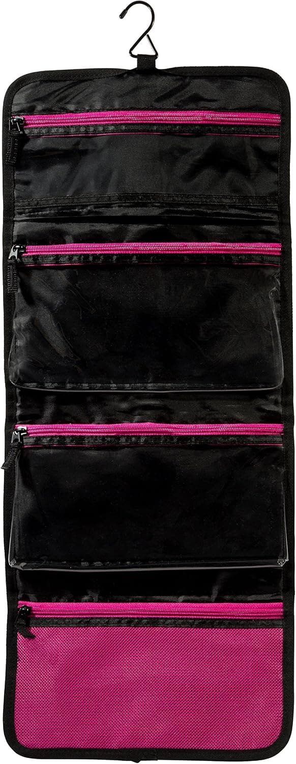 Pink-Flamingo Hanging Toiletry Bag (Black with Pink Zippers and Mesh Pocket)
