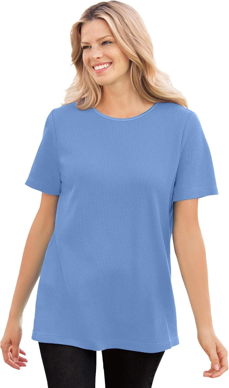 Woman Within Women's Plus Size Thermal Waffle Short-Sleeve Satin-Trim Tee Shirt