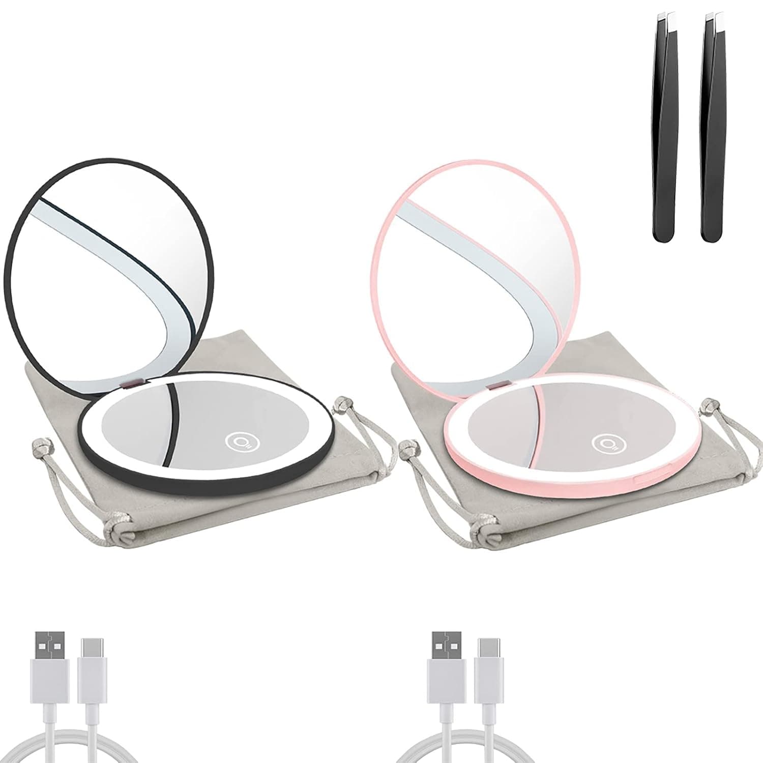 Milishow 2PC Compact Mirror with LED Light,1x/10x Magnifying Rechargeable Mirror,3.5in Pocket Mirror, Dimmable Travel Mirror for Handbag,Pocket,Handheld 2-Sided Makeup Mirror(Black+Pink)